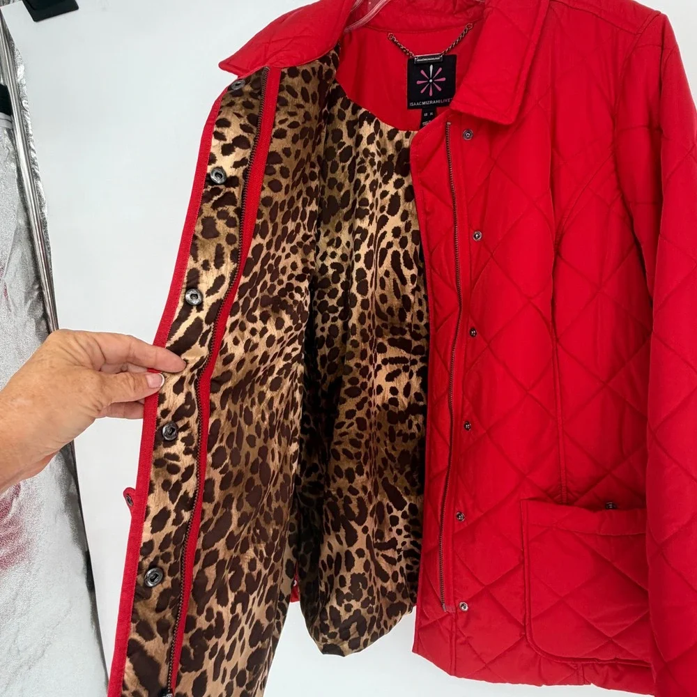 Isaac Mizrahi Quilted Red Jacket Leopard Print Lined Snap Button Pockets Size XL - Picture 3 of 7